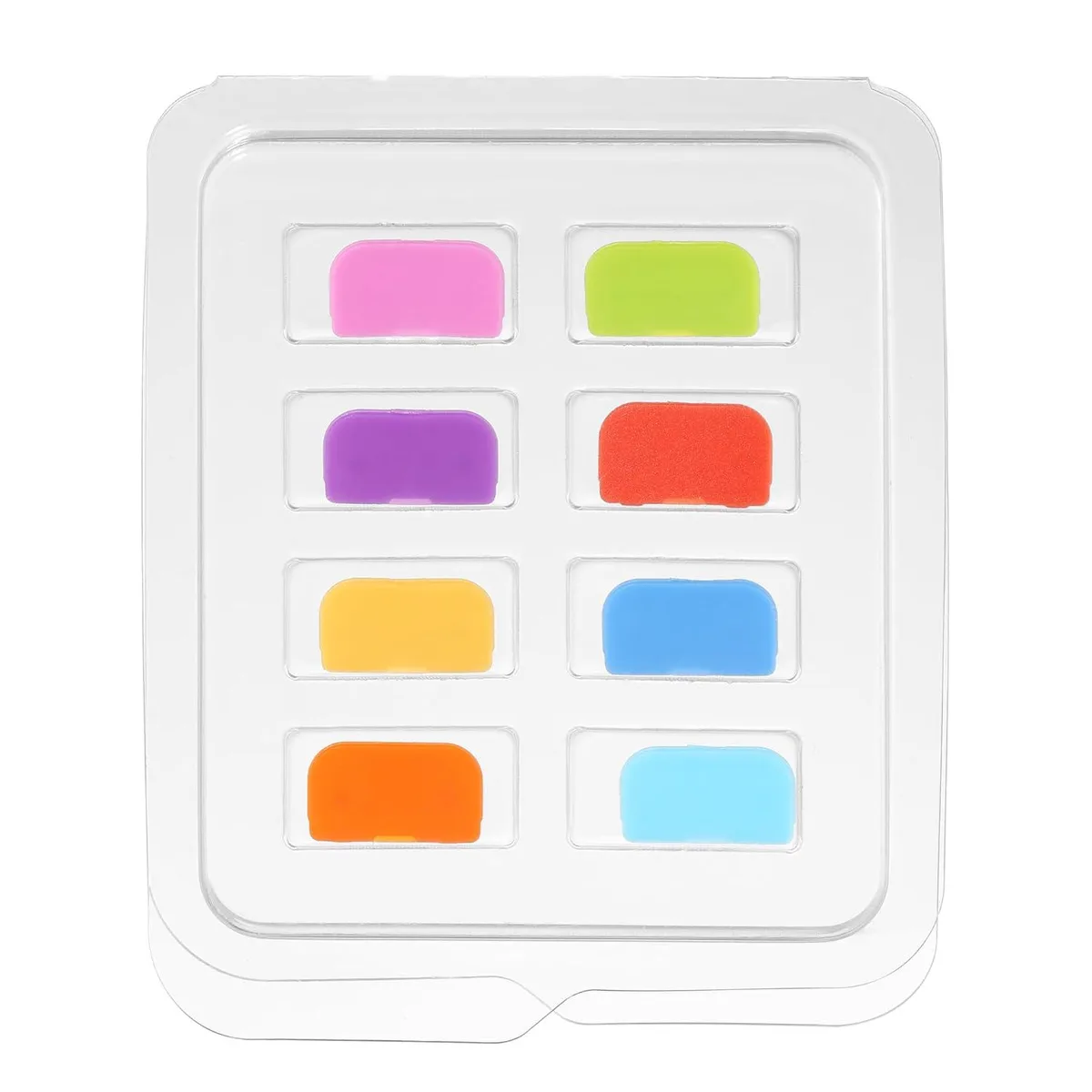 Sixteen small colored plastic tabs in eight colours, two of each shade