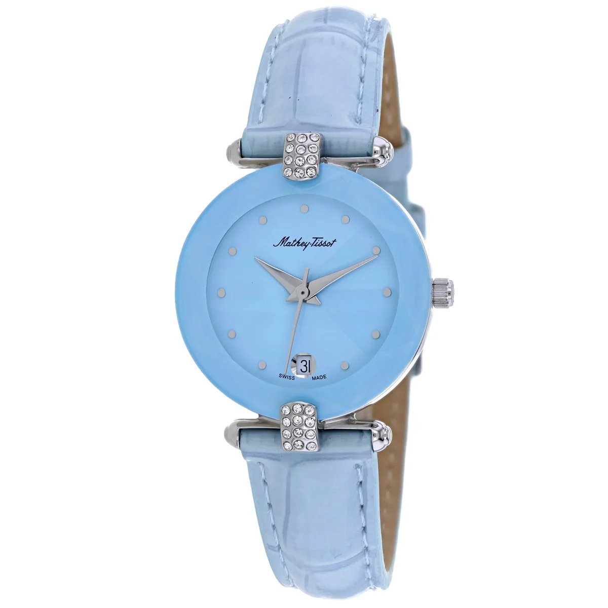Stainless steel pyramid case, blue dial, leather strap