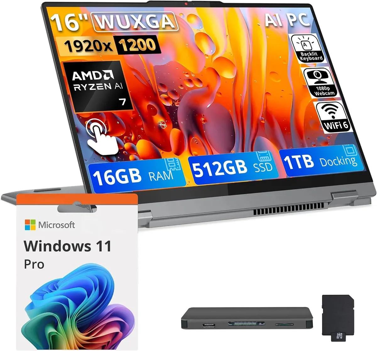 Lenovo Lenovo IdeaPad 5 2-in-1 16" WUXGA Ryzen 7 8845HS 16GB 512GB+1TB Dock Grey — product photo