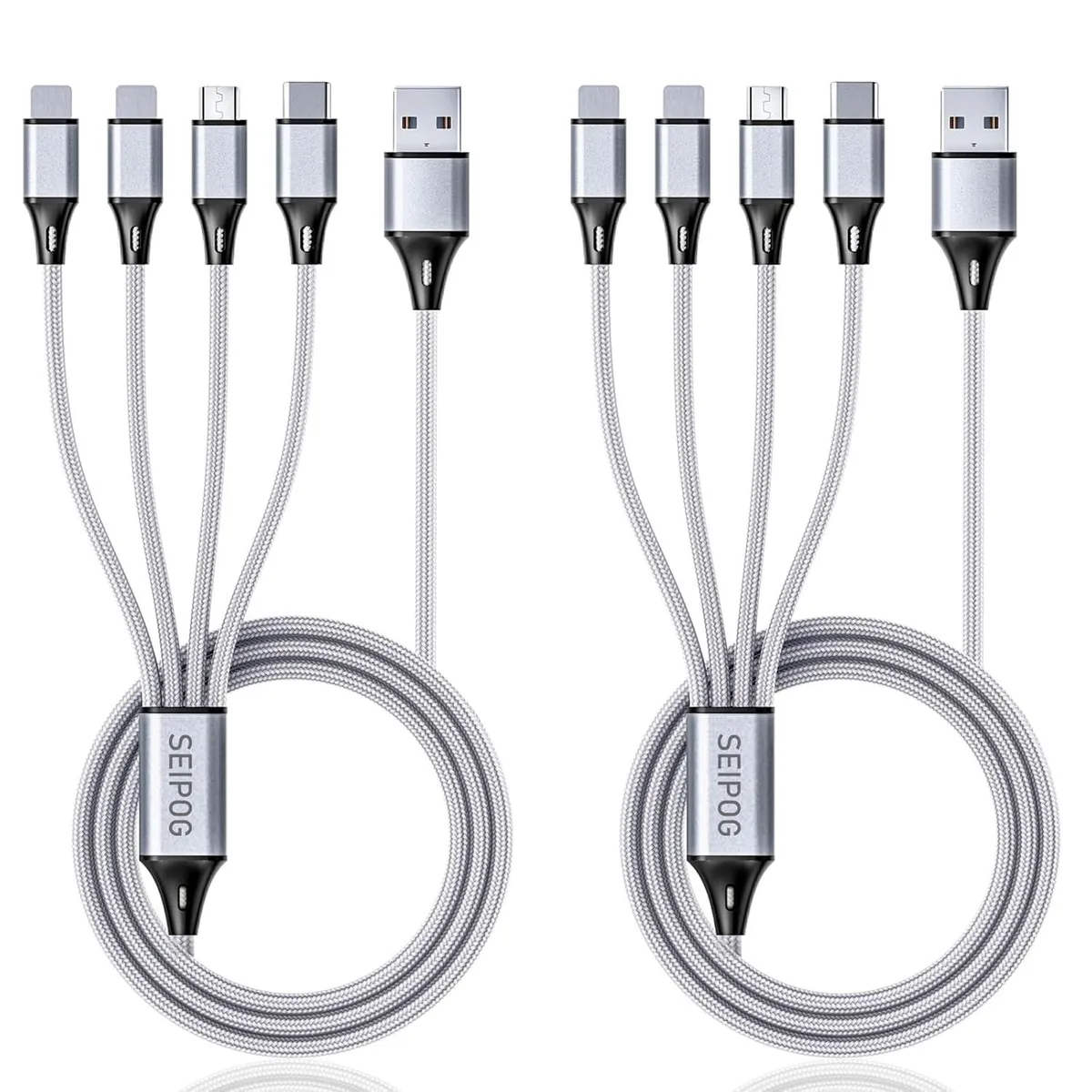 Two silver nylon braided 4 ft multi charging cables with micro USB, USB-C and dual phone connectors