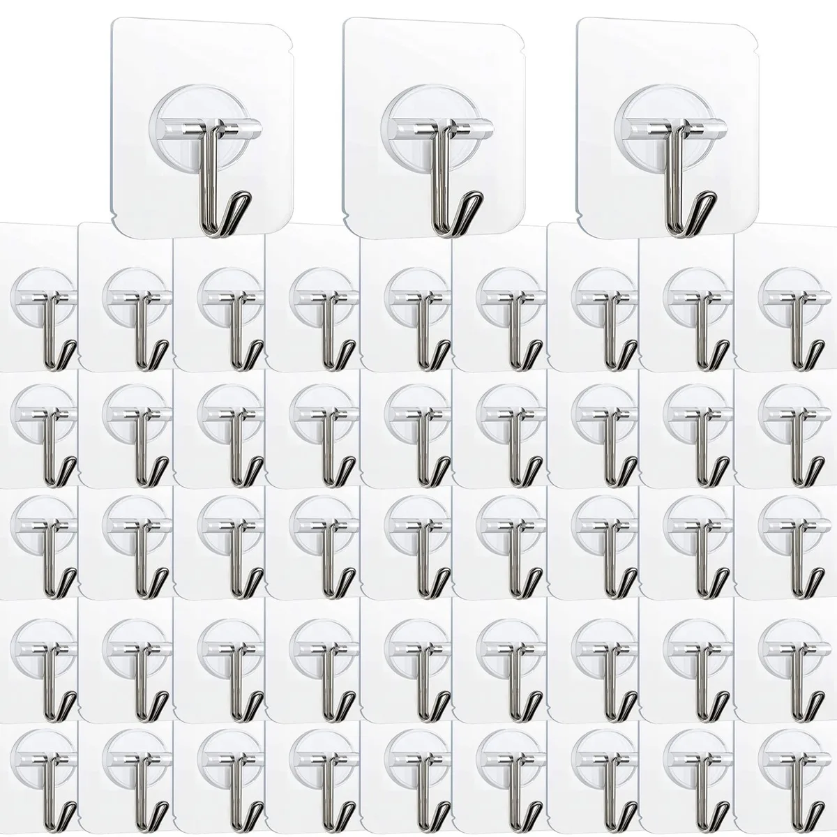 One hundred transparent adhesive hooks in a clear plastic and stainless steel finish