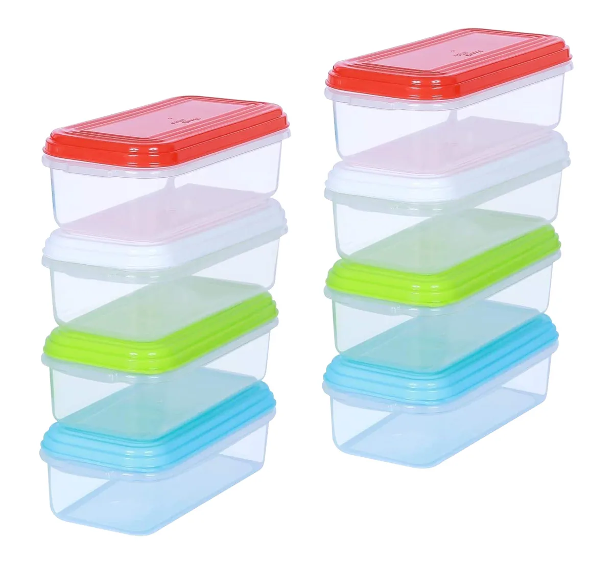 Eight red rectangular 8oz plastic containers with snap-on lids, stacked together