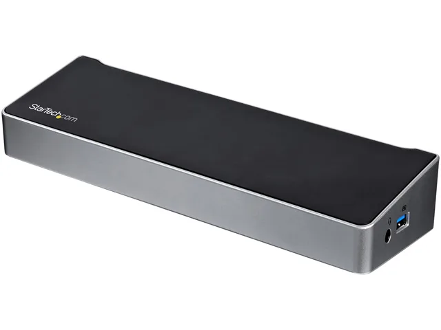 Compact black and silver rectangular docking station with multiple ports on the front and back edges