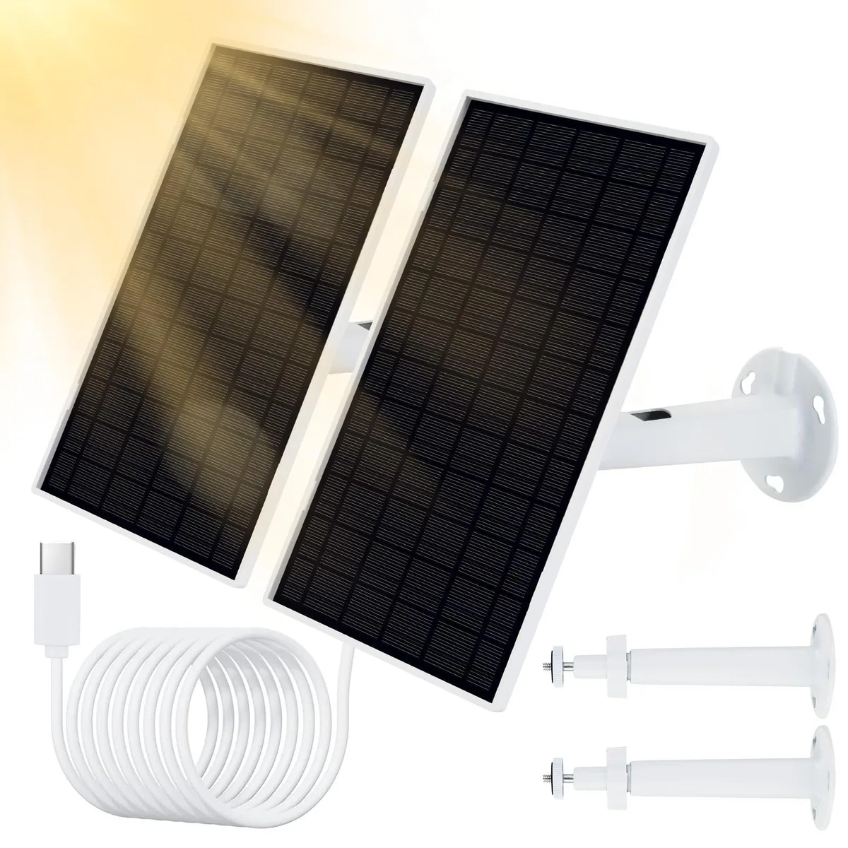 Two white rectangular solar panels with long cables and adjustable metal brackets