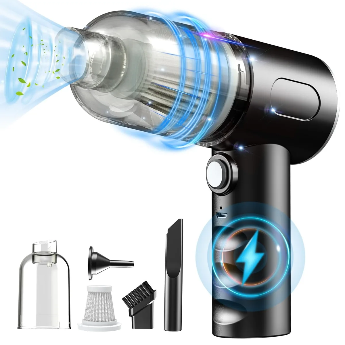 Black handheld electric air duster vacuum blower with multiple nozzles and brush heads