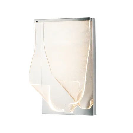 Polished chrome wall sconce with clear patterned acrylic sheets illuminated by LED strip