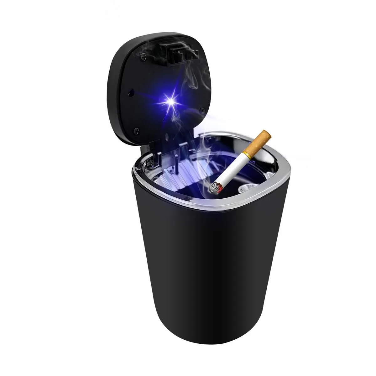 Black cylindrical car ashtray with pop-open lid and blue LED light, fits cup holder or air vent