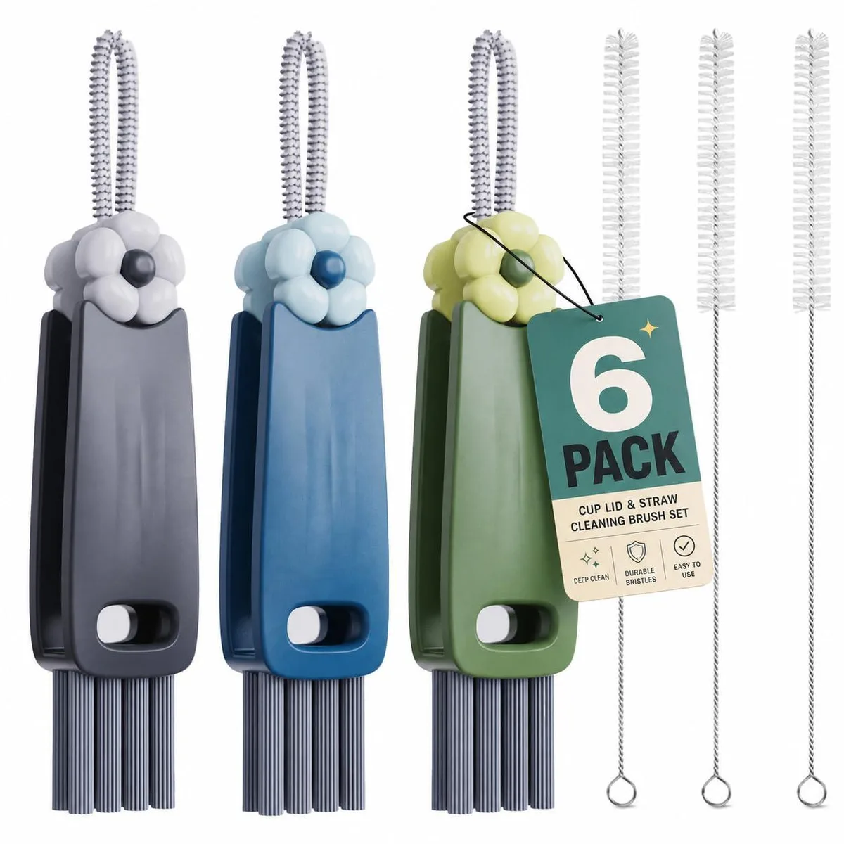 Six cup lid cleaning brushes and three straw brushes in multicoloured plastic