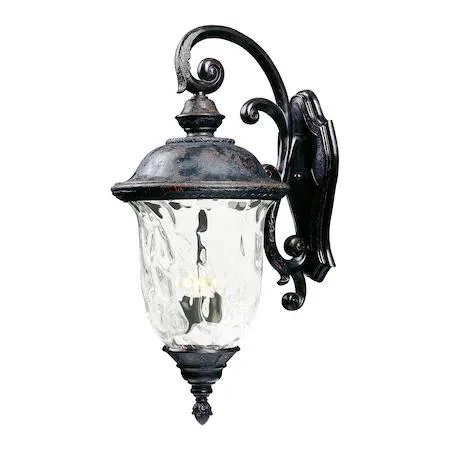 Three-light carriage-house lantern in Oriental Bronze finish, 14 inches wide