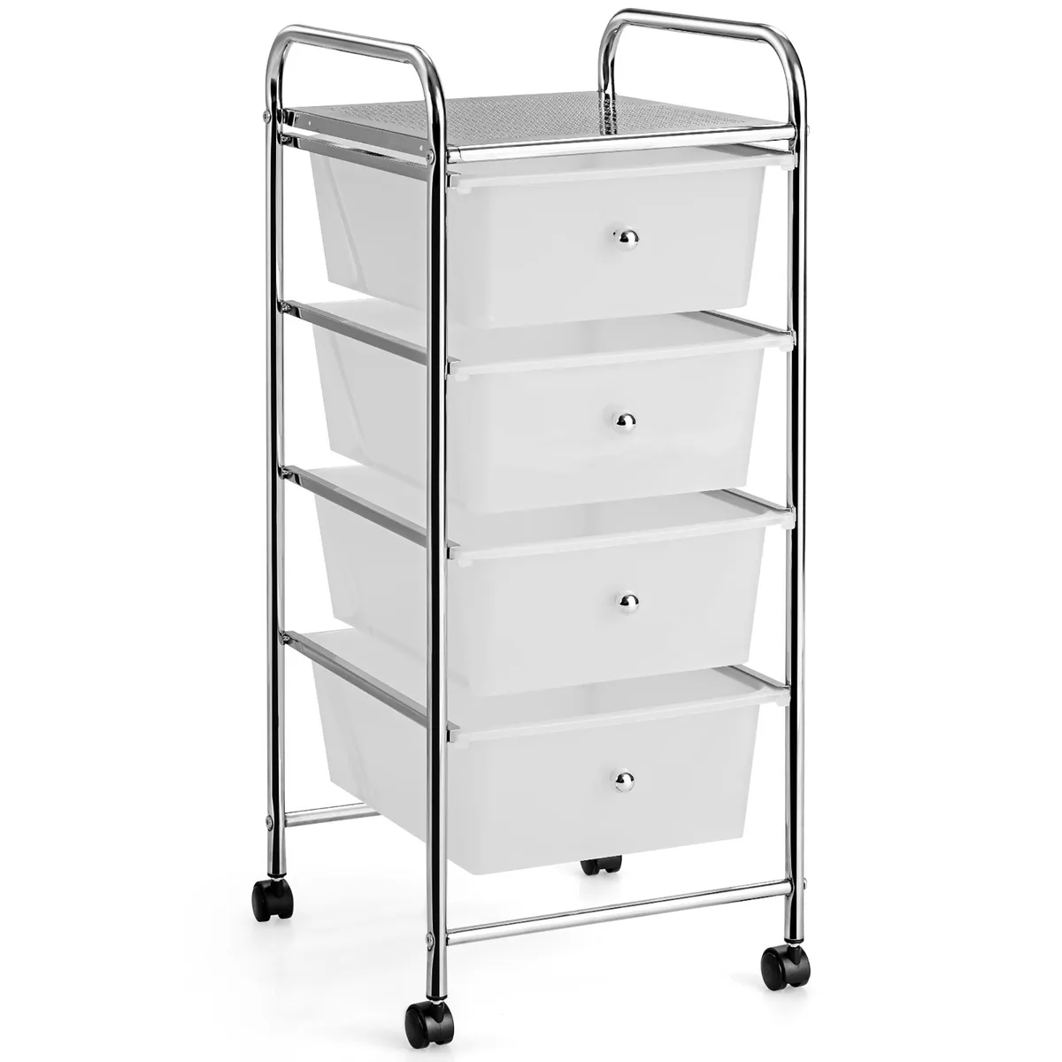 Four-drawer rolling cart with transparent white plastic bins and steel frame, tall handles, four casters