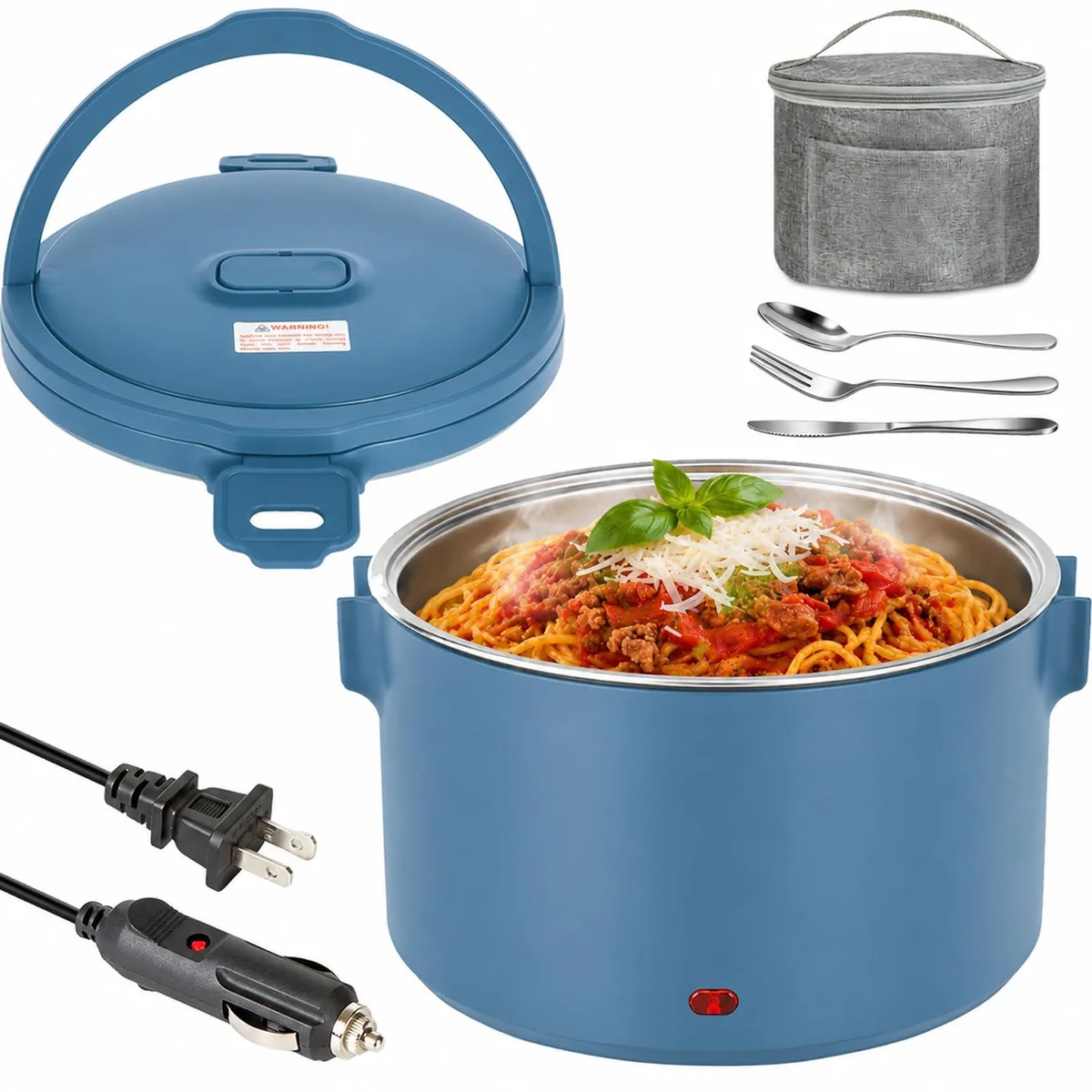 Red rectangular heated lunch box with stainless steel inner container