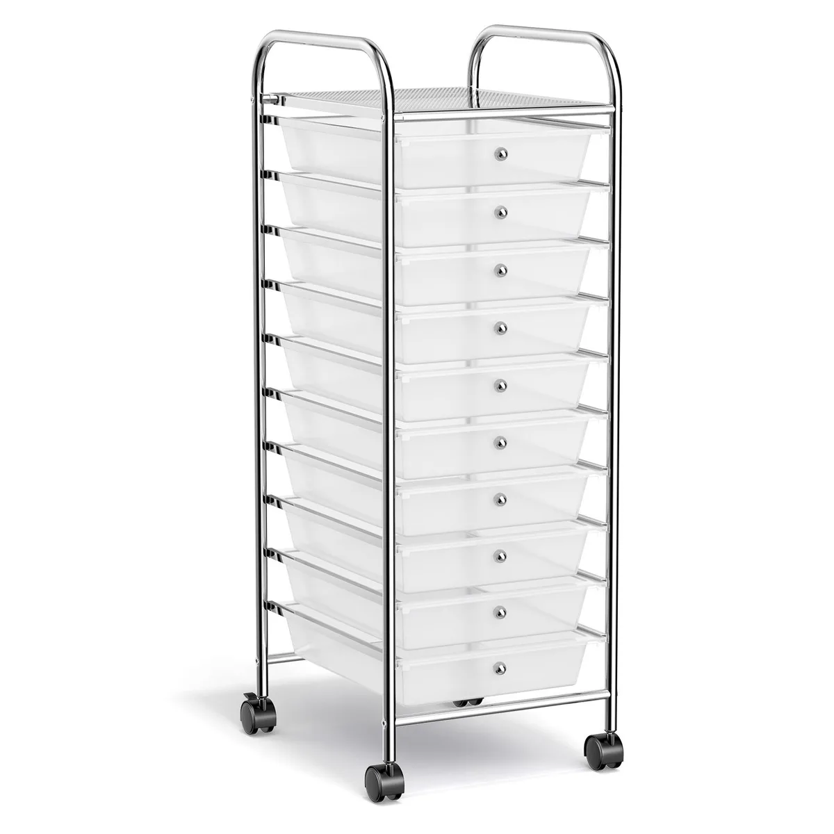 Clear 10-drawer rolling cart with white silver frame and multicolor transparent drawers on four casters