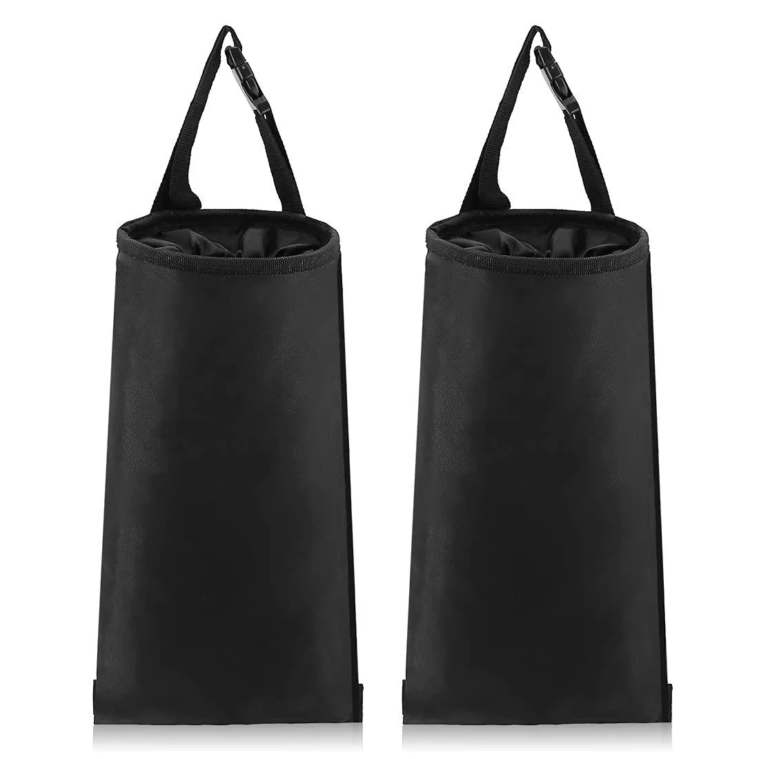 Twelve black Oxford cloth car trash bags with elastic tops and hanging straps