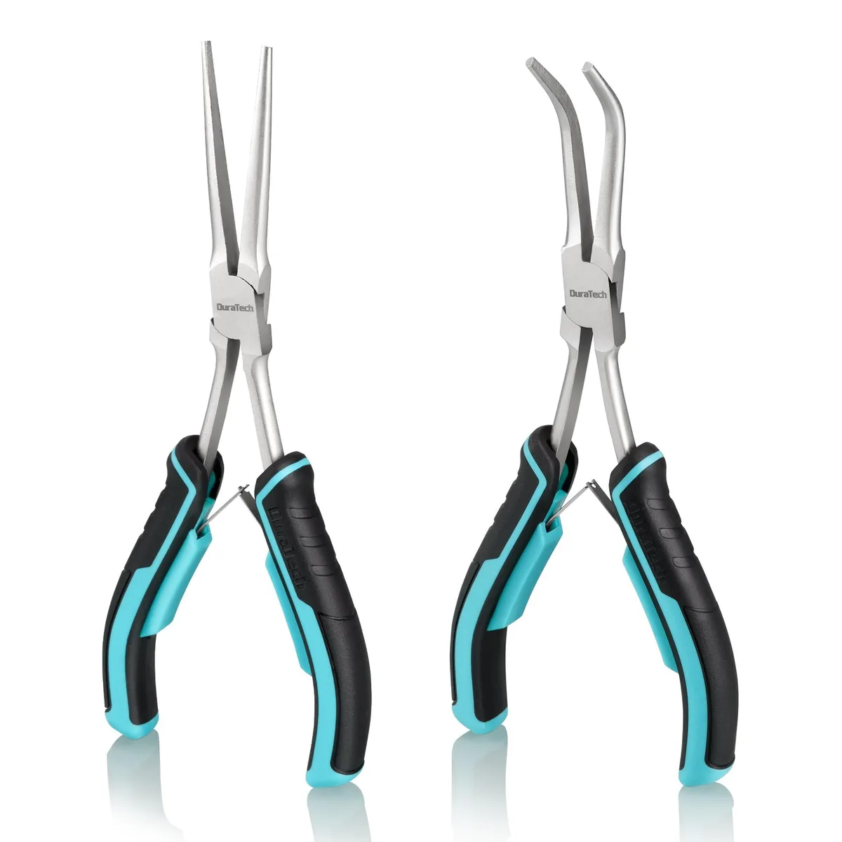 Two black 7-inch long-reach pliers with TPR handles and spring-loaded jaws