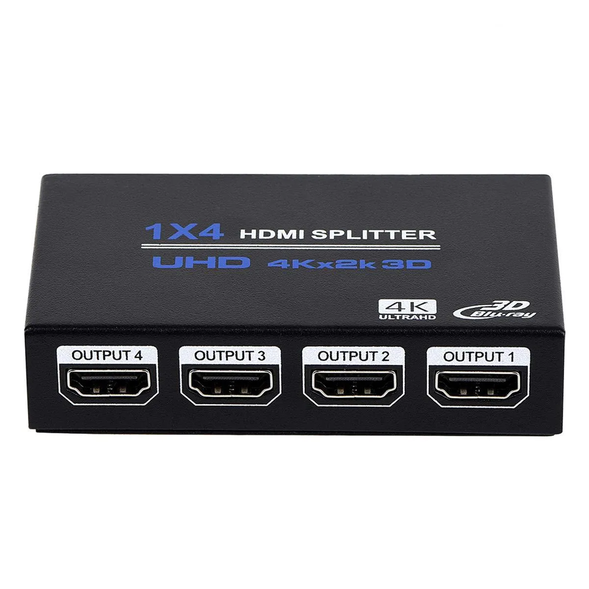 Small black box with one HDMI input and four HDMI outputs on the front