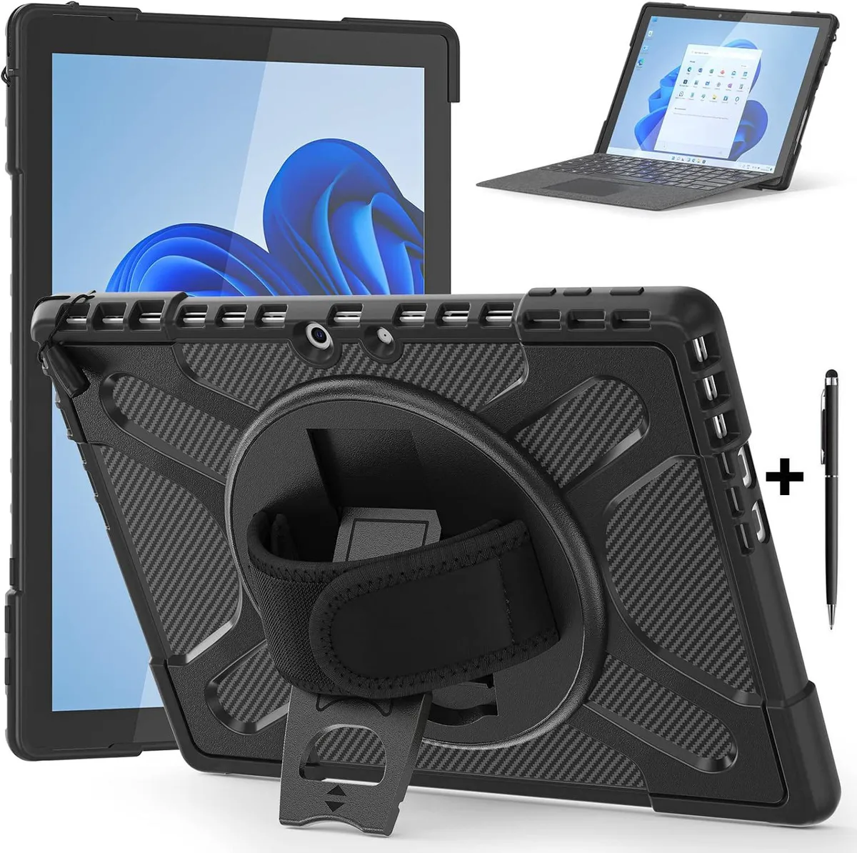 Black rugged case for 13 inch Surface Pro with rotating stand and hand strap