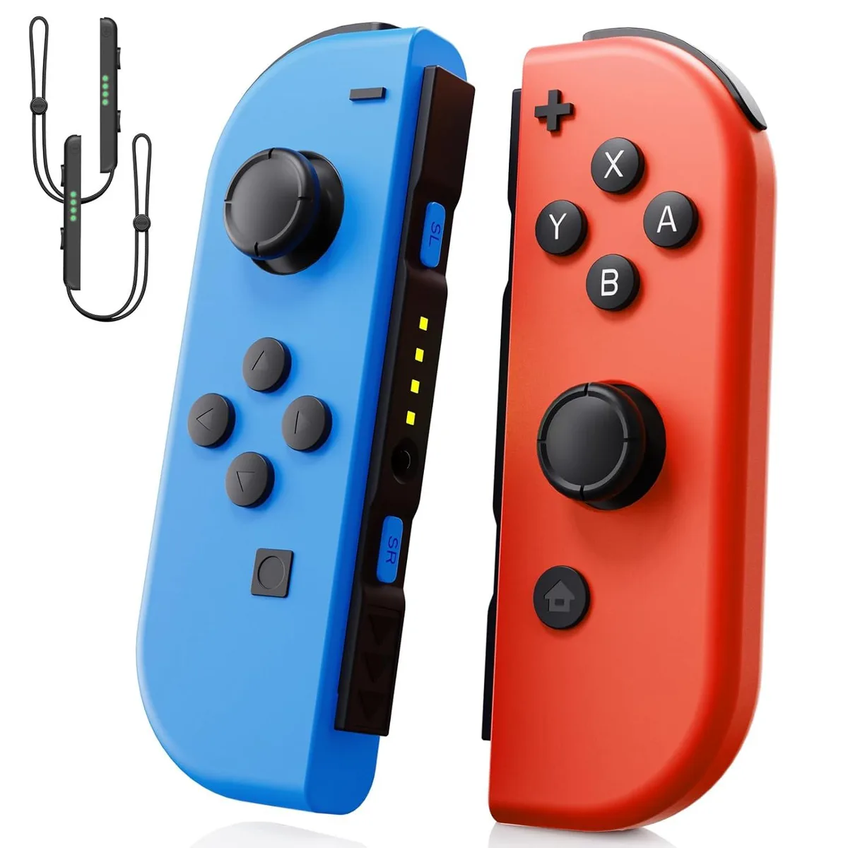 Red and blue wireless Nintendo Switch controller with wrist strap
