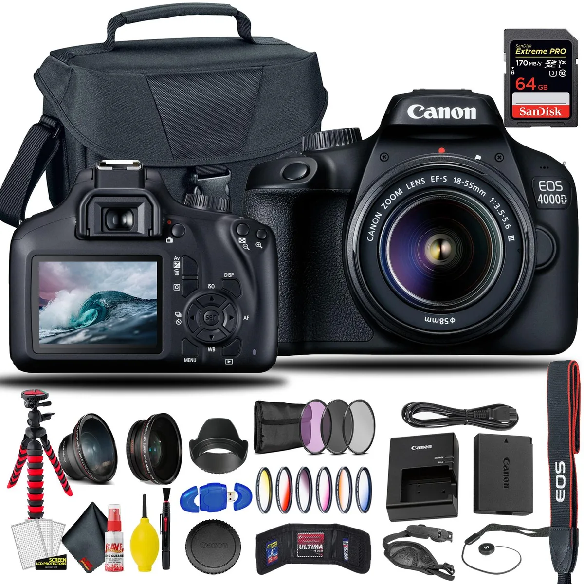 Canon Canon EOS 4000D / Rebel T100 DSLR 18-55mm Lens Tripod Bundle camera kit — product photo