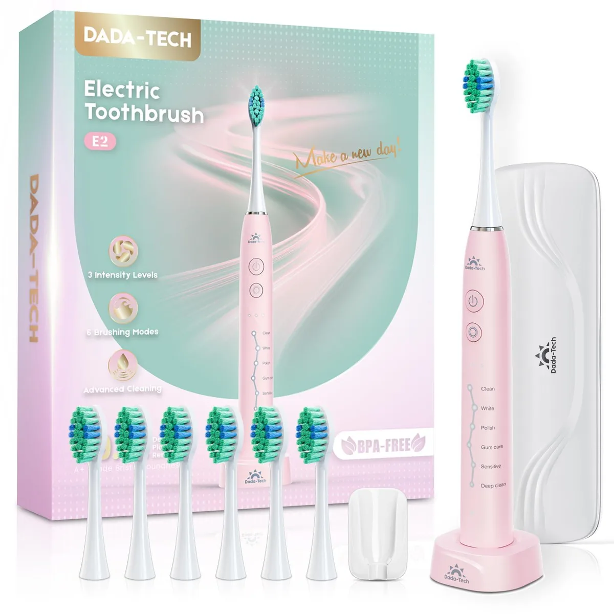 Pink sonic electric toothbrush with ergonomic handle and travel case