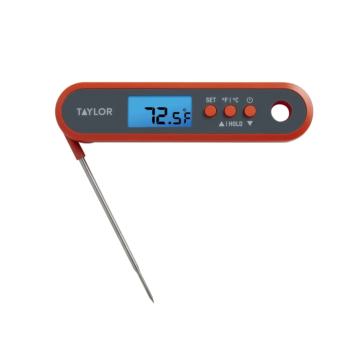 Orange waterproof digital thermometer with folding probe and backlit display