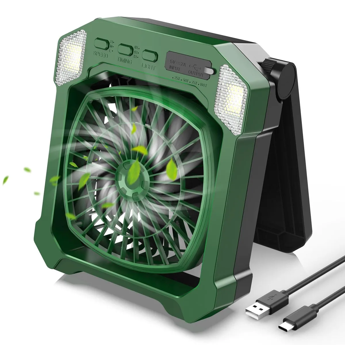 Green portable outdoor fan with silver blades, foldable stand, LED light and USB cable