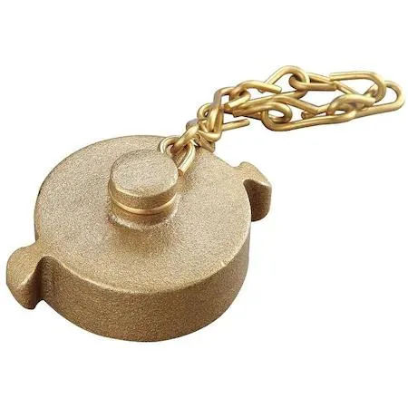 Brass hydrant cap with rocker lugs and chain, gold machined finish
