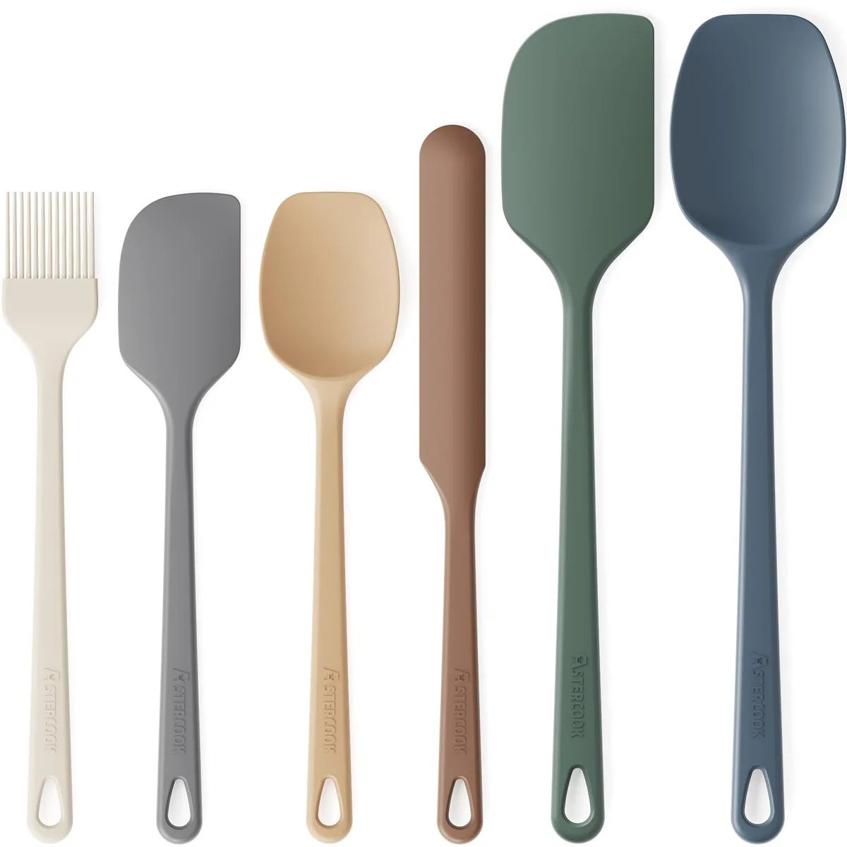 Six silicone spatulas in muted earth tones, flexible heads with stainless steel cores