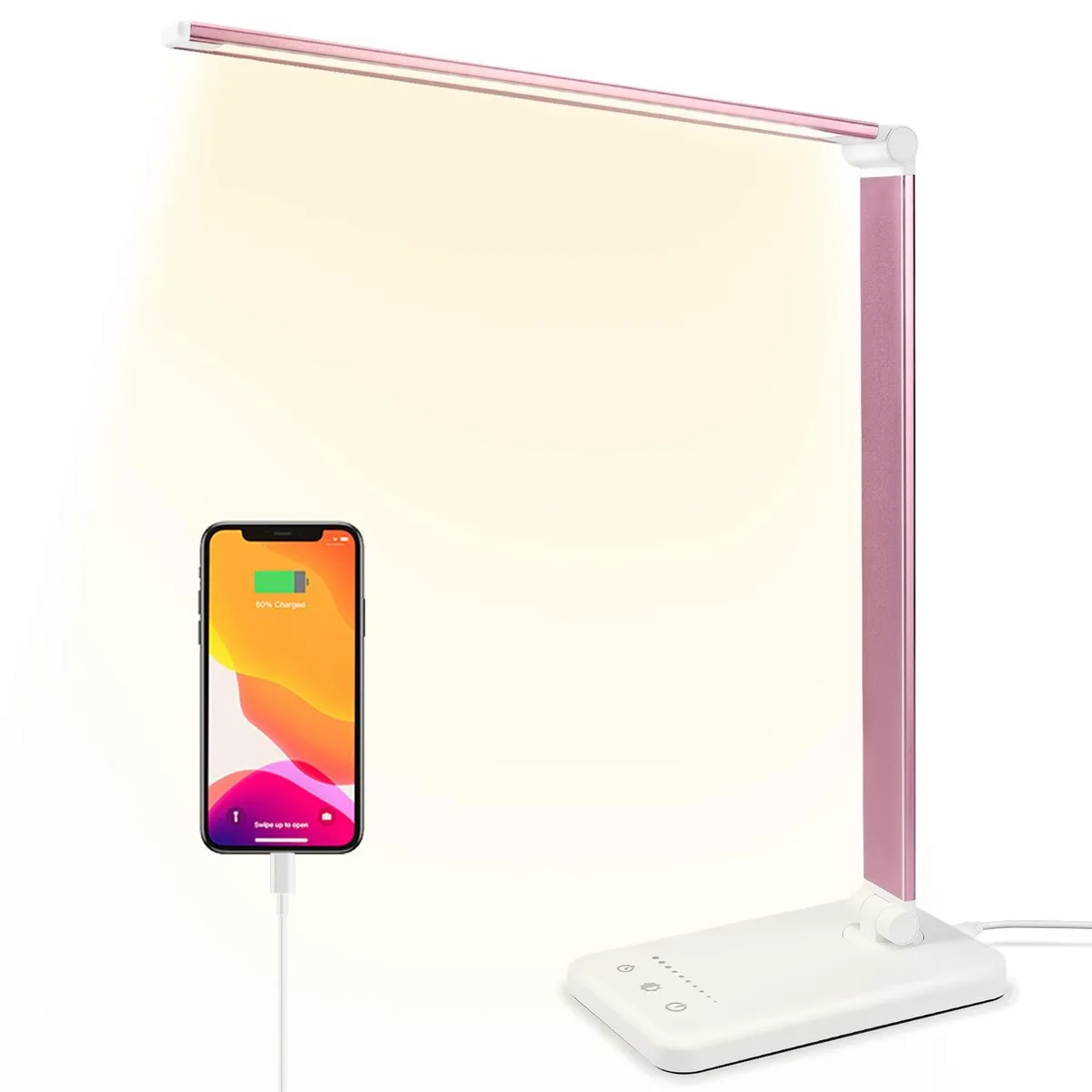 Pink painted desk lamp with straight adjustable arm and base, USB port on side
