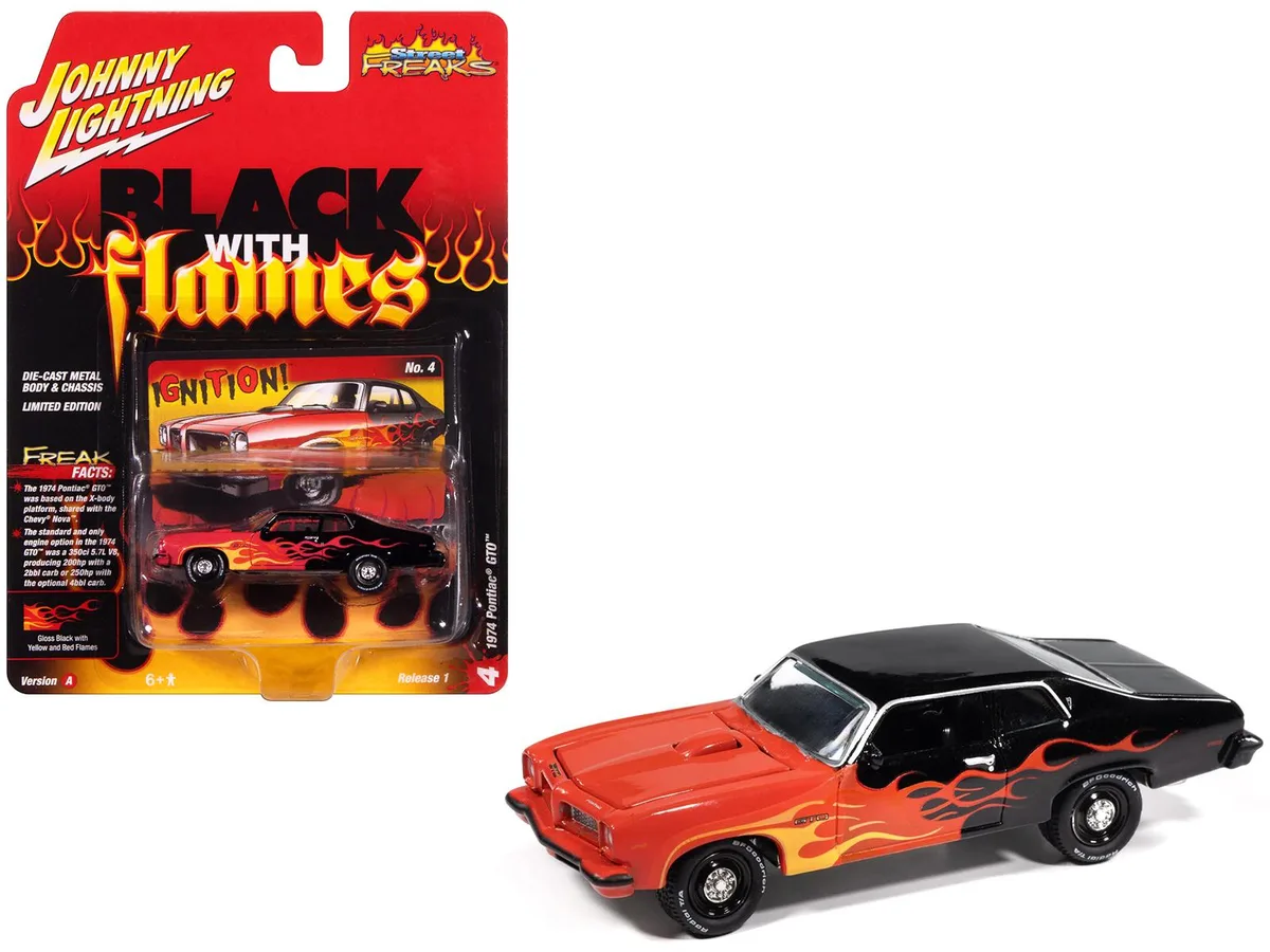 JOHNNY LIGHTNING JOHNNY LIGHTNING 1974 Pontiac GTO Black Red Flame Graphics 1/64 hobby collectible — product photo