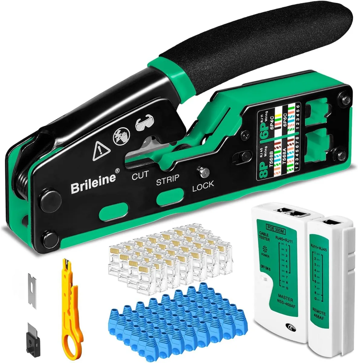 BFKK BFKK RJ45 Crimp Tool Kit Cat5 Cat5e Cat6 Tester 50PCS Connectors Boots Stripper — product photo