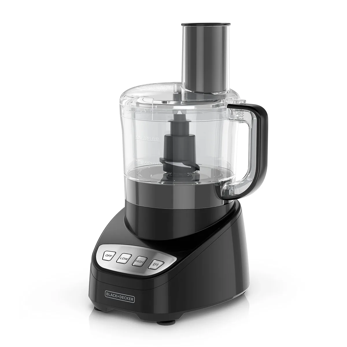 Black 8-cup food processor with stainless steel blade and reversible disc