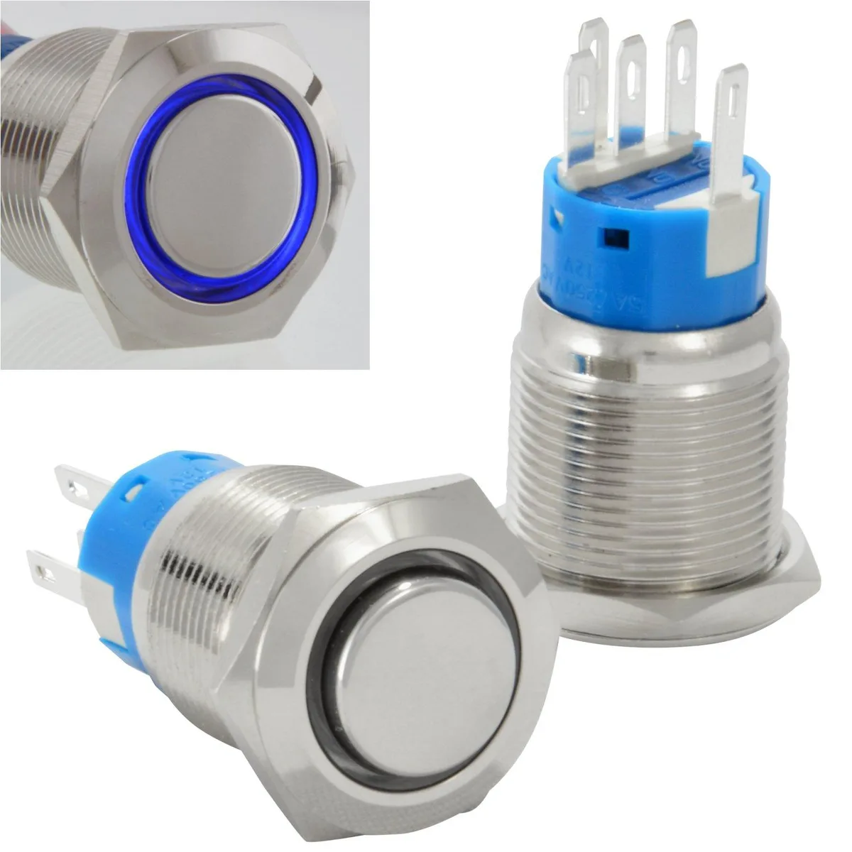 JacobsParts Inc. JacobsParts LTCH-B4-BLU Latching Pushbutton Disconnect 12V 5A IP67 19mm Cutout Blue LED — product photo