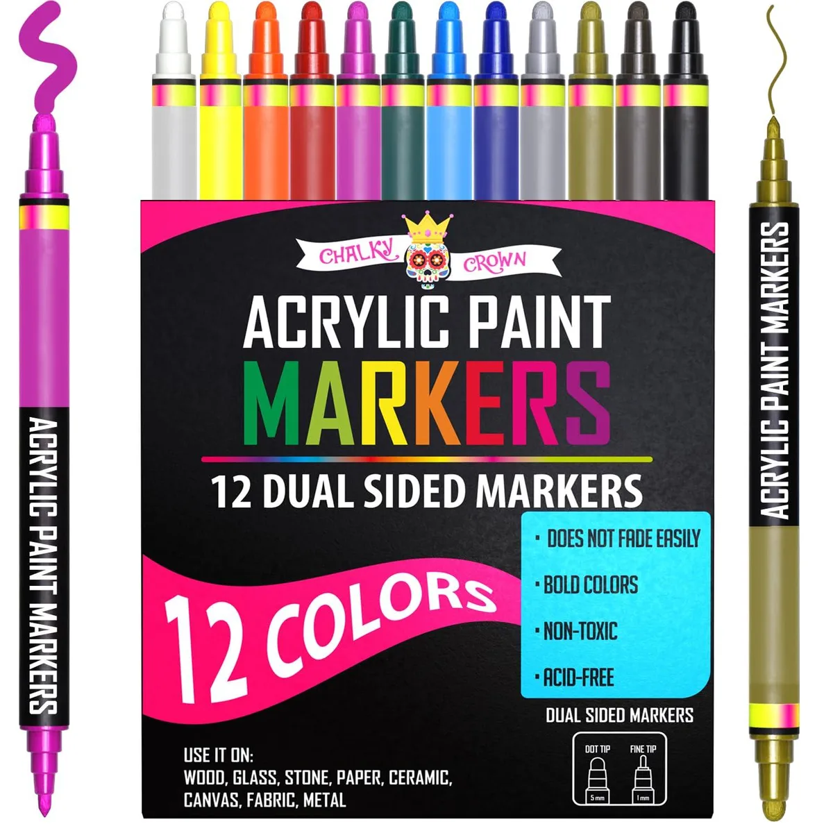 Box of twelve dual-tip acrylic paint markers in assorted colours