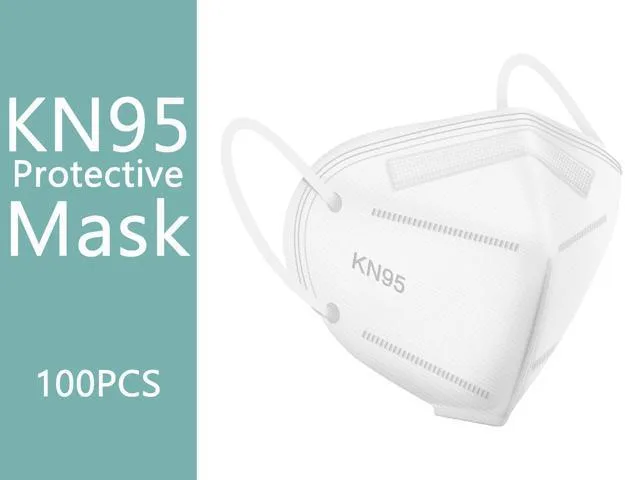 Box of one hundred white five-layer disposable face masks with elastic ear loops and nose clip
