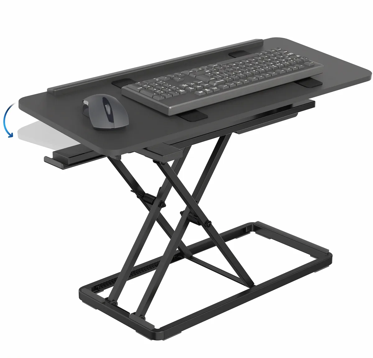 Black 30 inch tilting keyboard riser on scissor lift base with wrist rest