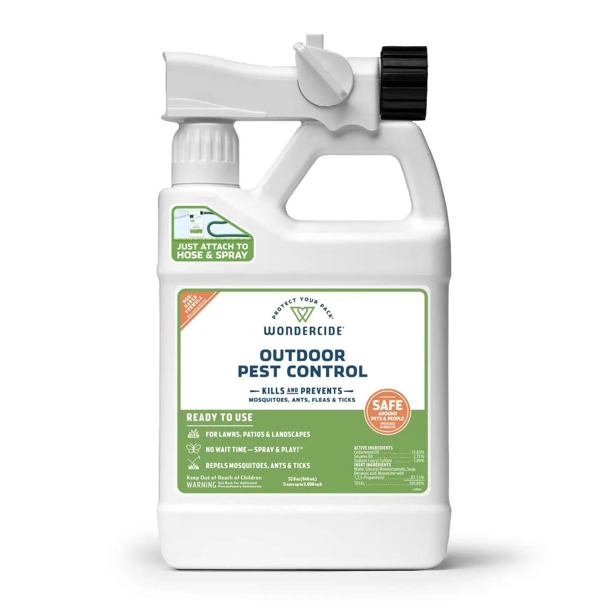 A 32 oz plastic spray bottle with hose-end attachment, green label showing plant-powered pest control formula