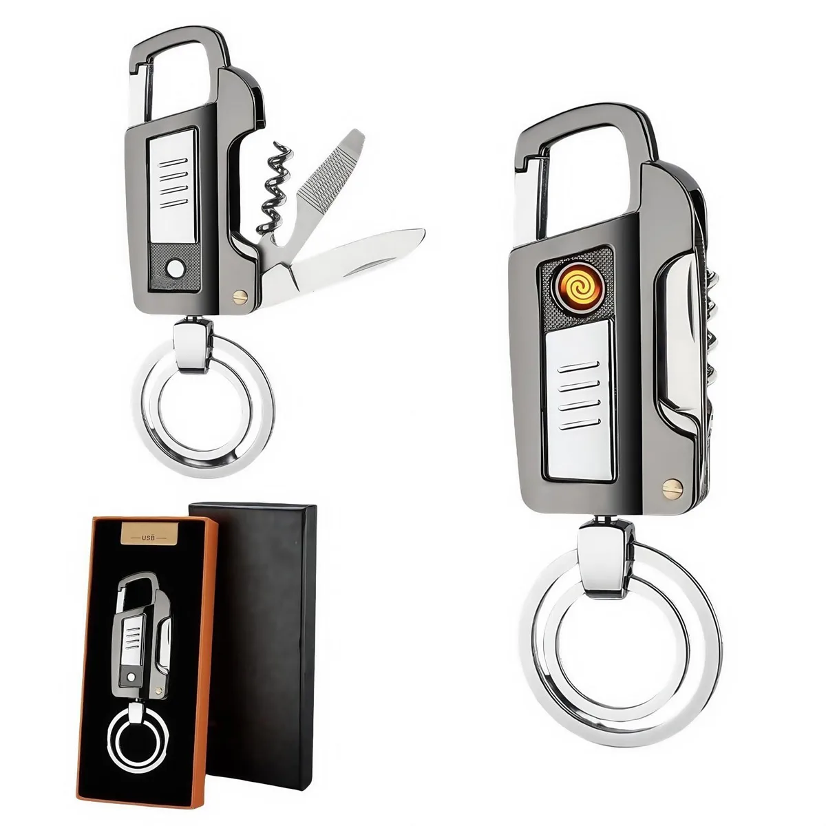 Black stainless-steel keyholder with split ring, LED light, bottle opener, knife, nail file and flathead screwdriver