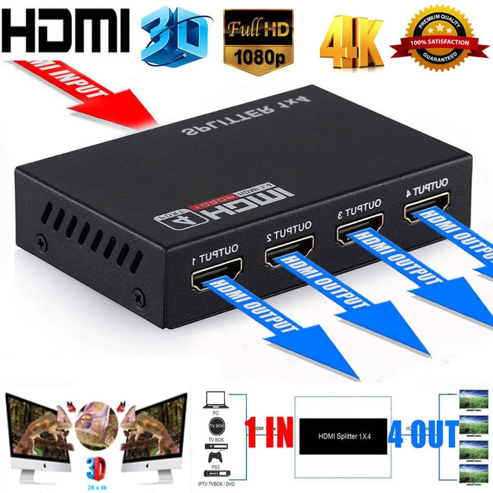 Black rectangular HDMI splitter with one input and four output ports