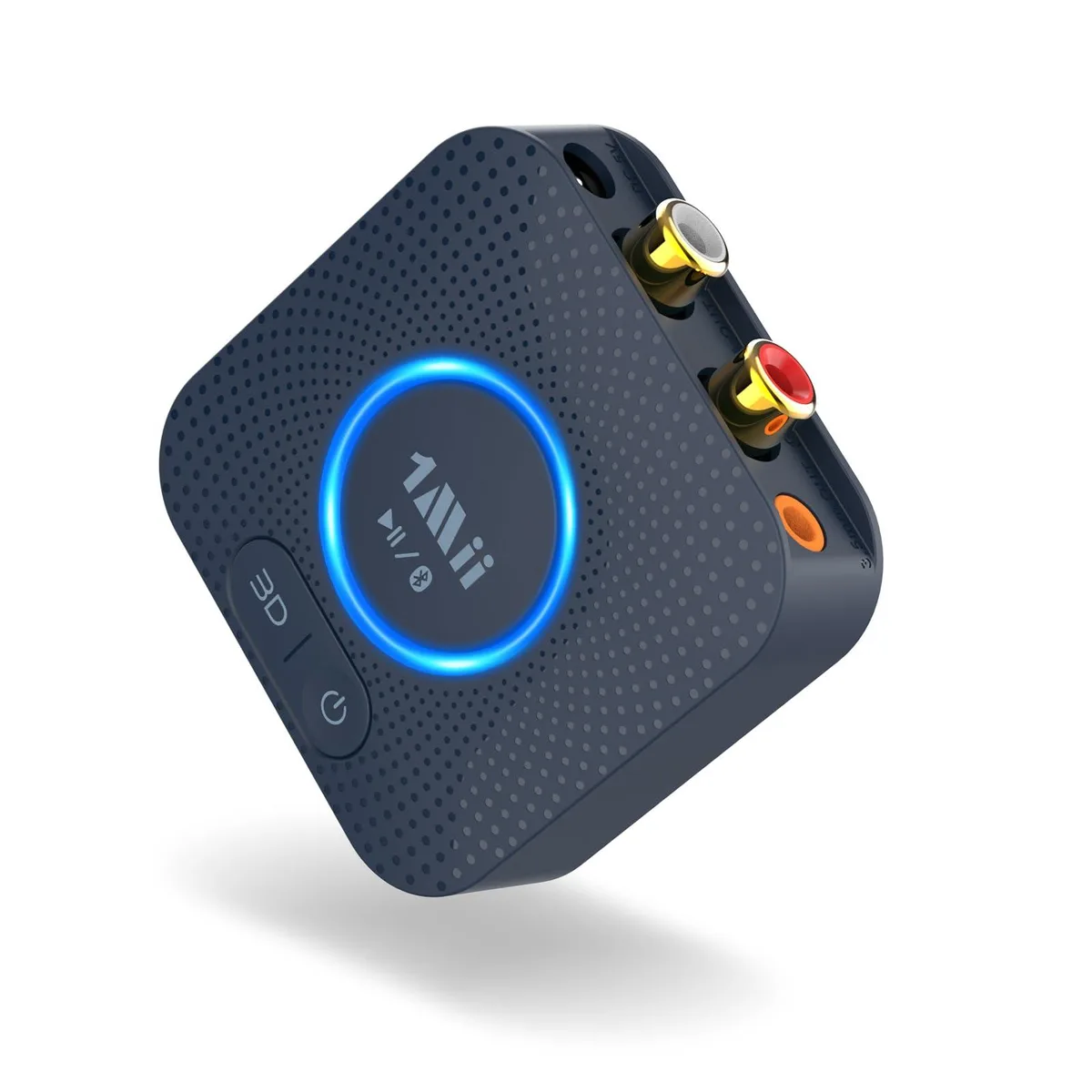 Small square blue Bluetooth receiver, rounded corners, matte finish, 3.5mm and RCA ports, LED indicator, 34 grams