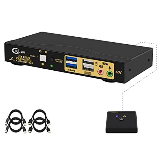 CKLau CKLau 2 Port 8K60Hz 4K144Hz HDMI KVM Switch with Cables, Audio, Microphone, 2 USB 3.0 Hub — product photo