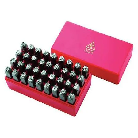 Hand stamp kit with metal letter and number characters in a case