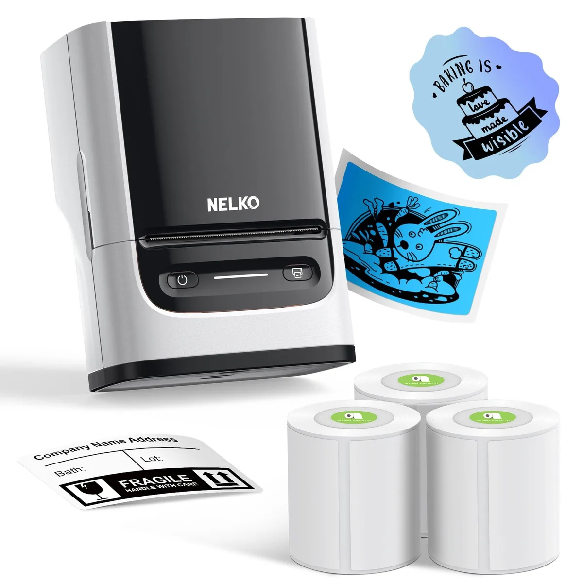 White rectangular Bluetooth label printer with roll slot, shown with three label rolls
