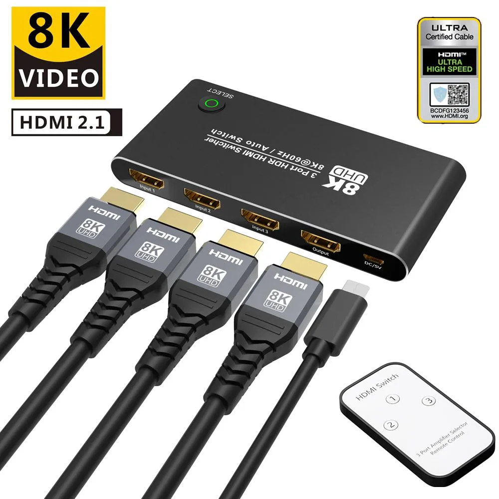 ESTONE ESTONE TJ-A210 HDMI 2.1 3 in 1 out Video Switch 8K@60Hz 4K@120Hz 48Gbps Remote Control — product photo