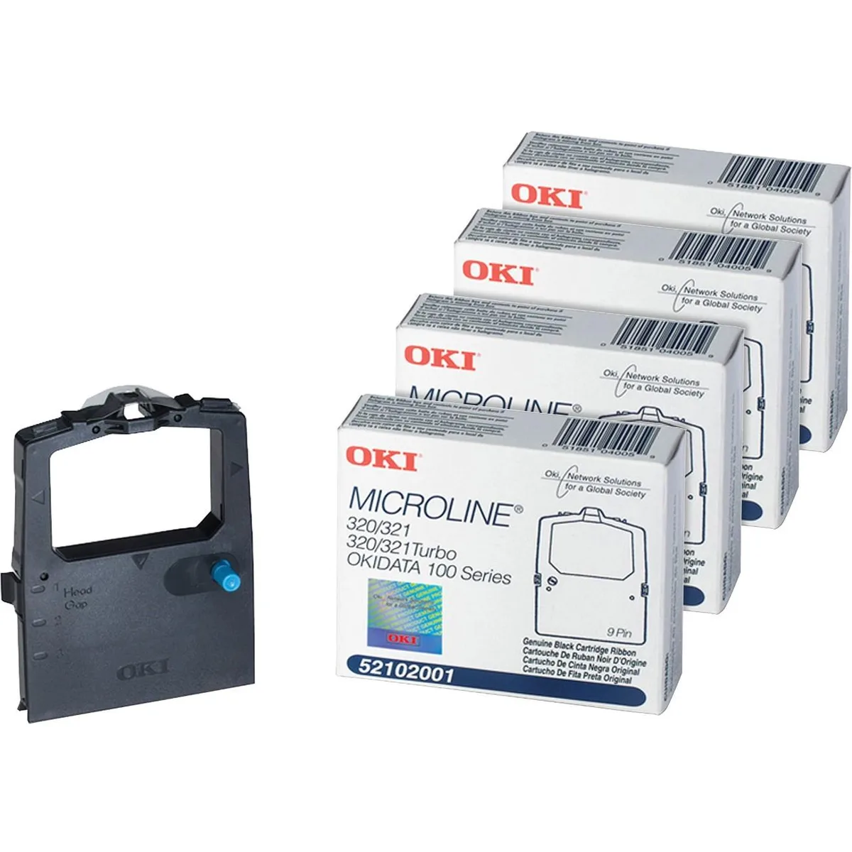 Four black dot matrix printer ribbon cartridges in a sealed pack