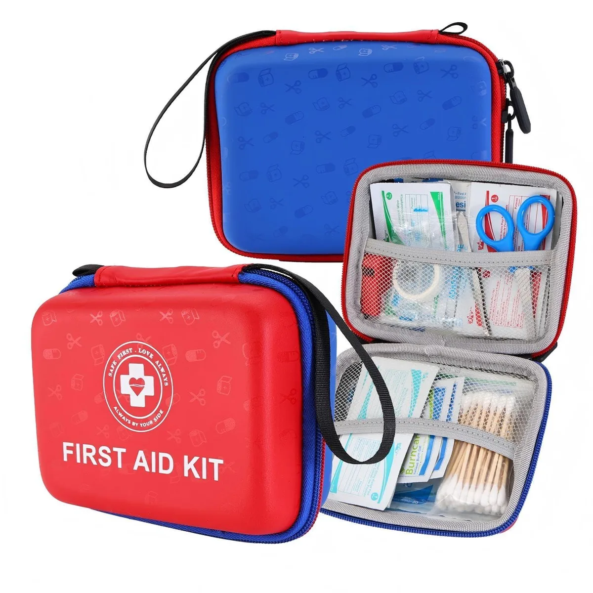 Compact blue hard-shell first aid kit, fluorescent interior, 165 pieces, carabiner clip, reinforced handle