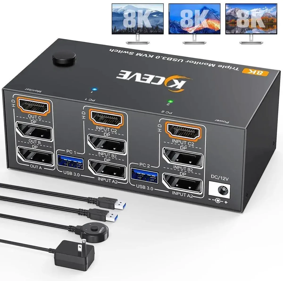 Vszerda Vszerda 8K@60Hz HDMI + 2 DisplayPort KVM Switch 3 Monitors 2 Computers — product photo