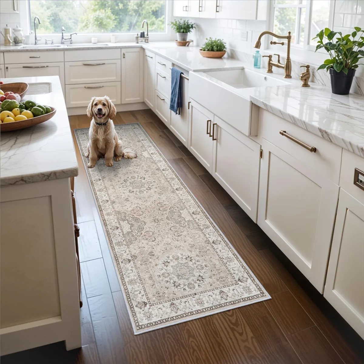 Beige rectangular runner rug with low pile and finished edges