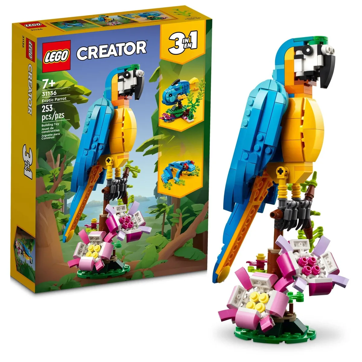 Boxed LEGO Creator 3-in-1 Exotic Parrot set 31136 with colorful parrot on flowered branch