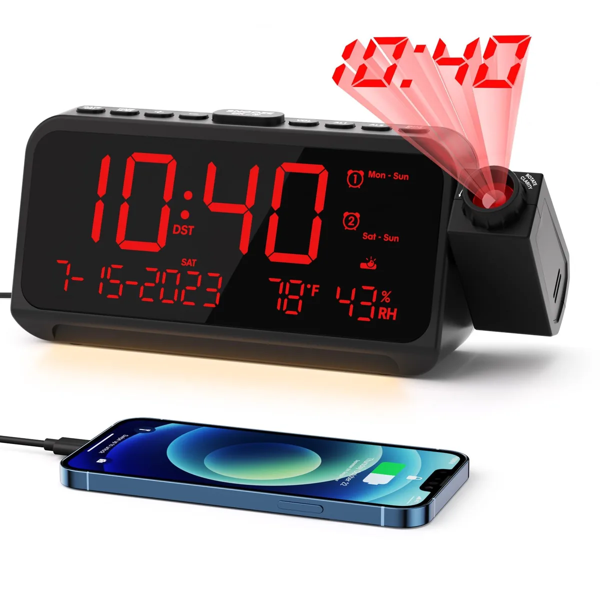 Red rectangular digital clock with 5.9 inch display and adjustable projector lens