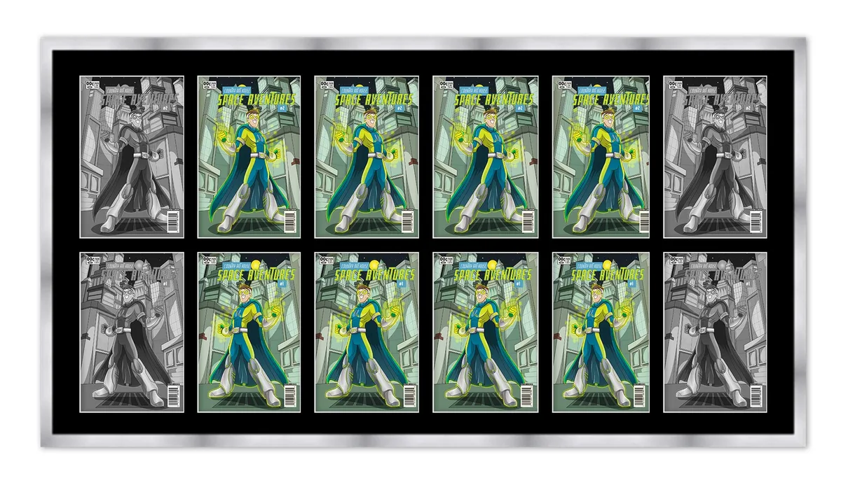 Silver wooden collage frame 51 by 24.5 inches displaying 12 comic books with black mat